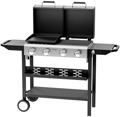 Bonnlo 2 in 1 Propane Flat Top Grill and Griddle Combo with Lid, Powerful 40,000 BTU Grills with Side Shelves & Integrated Ignition, 4 Burners Grill with Movable Wheels for Outdoor BBQ Camping Use by Bonnlo
