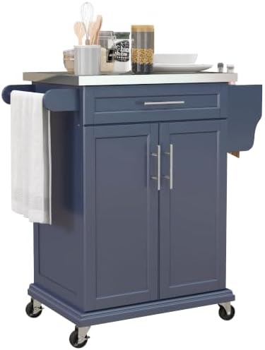 HOMCOM Kitchen Island on Wheels with Stainless Steel Countertop Deep Blue by HOMCOM