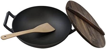 Cast Iron， Pre-Seasoned Wok 12.5" With Wood Spatula and Wood Lid by HomeVSS