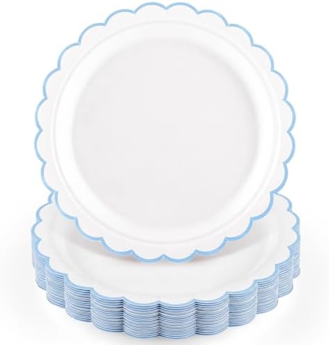 NatNarr 30 Pcs Light Blue Plates 9" Scalloped Blue and White Dessert Plates by NatNarr