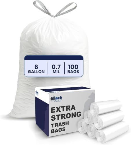 Plasticplace 6 Gallon Trash Bags White Drawstring Garbage Can Liners,17” x 20”,for Bathroom Kitchen Office Car Small Trash Bags,Leak-Proof & Tear-Resistant,100 Count (Pack of 6) by Plasticplace