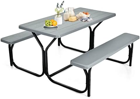 ORALNER Picnic Table, Resin Dining Table & 2 Benches Set, Weather Resistant Wood Grain Plastic Tabletop & Steel Frame, Picnic Tables for Outdoors, Porch Yard Patio Lawn Party Camping (Grey) by ORALNER