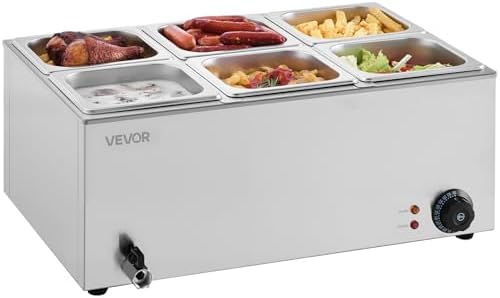 VEVOR 6-Pan Commercial Food Warmer, 24QT Electric Steam Table, 1200W Professional Countertop Stainless Steel Buffet Bain Marie with 86-185°F Temp Control for Catering and Restaurants, Silver by VEVOR