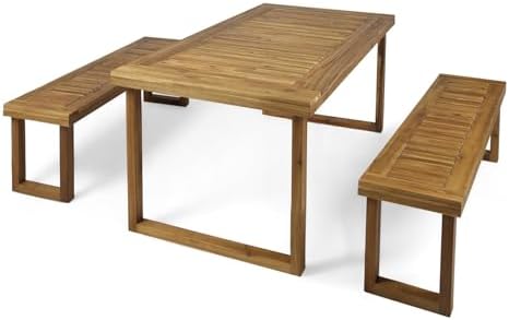 69'' Outdoor Patio Dining Table & 2 Bench for 4, Acacia Wood Dining Table Set Outdoor & Indoor Furniture for Patio Porch Garden, 3-Pcs, Sandblast Natural Finish - Image 5