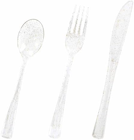 HEIPINIUYE 75 Pack Gold Glitter Plastic Cutlery Heavy Duty Clear Gold Plastic Knives Forks and Spoons Disposable Silverware Set for 25 Guest Birthday Wedding Party Disposable Utensil Set by HEIPINIUYE