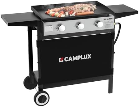 CAMPLUX Propane Griddle Flat Top, 3-Burner Gas Griddle with 3mm Thick Non-Deformable Plate & Ceramic Non-Stick Coating, 33,000 BTU Outdoor Cooking Station with Wheels and Side Shelves for Camping by CAMPLUX