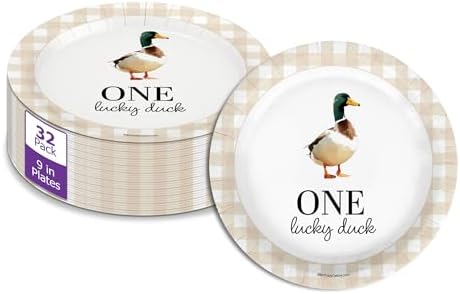 One Lucky Duck First Birthday - 32 Piece Disposable Party Supplies - Decorations for Beige Gingham 1st Birthday Round Party Plates - Large 9" Paper Plates In Bulk by BirthdayGalore