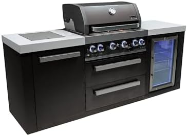 Mont Alpi 82"W x 23"D x 46"H Black Stainless Steel Modular Outdoor Kitchen Island with Refrigerator + 32"W 4-Burner BBQ Gas Grill + Side Burner + Granite Countertops + Storage Cabinets & Drawers by MontAlpi