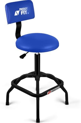 Shop Stool with Backrest, Mechanic Garage Stool for Workshop, Adjustable Shop Stools Chair, Padded Workbench Stools for Men Women, 300 LBS Capacity, 360° Swivel PVC Seat, Heavy Duty, Blue by FreekyFit
