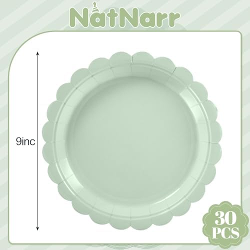 NatNarr 30 Pk Sage Green Paper Plates 9" Scalloped Sage Baby Shower Plates - Image 2