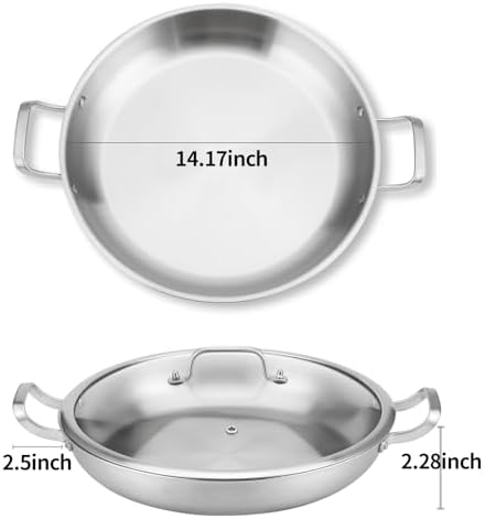 DELARLO 13 Inch Tri-Ply Stainless Steel Paella Pan With Lid, Big Frying Pan, kitchen Induction Large Skillets,Great for Paella Parties Indoors Outdoors,Heavy Duty Style - Image 3