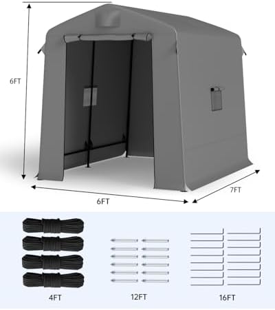Portable Outdoor Storage Shed, 7×6×6 FT Storage Shelter Motorcycle Storage Tent Shed with Roll-up Zipper Door, Heavy-Duty Metal Frame for Garden, Patio, and Backyard Storage (Dark Gray) - Image 2
