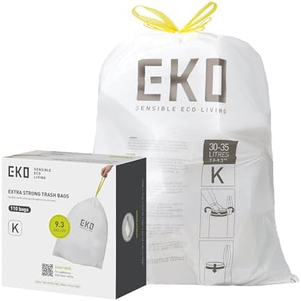 EKO 9.3 Gallon / 30–35 Liter Drawstring Trash Bags, 110 Count Heavy-Duty Tall Kitchen Garbage Can Liners, Extra-Strong Leak-Resistant, Unscented, White, Code K by Unknown