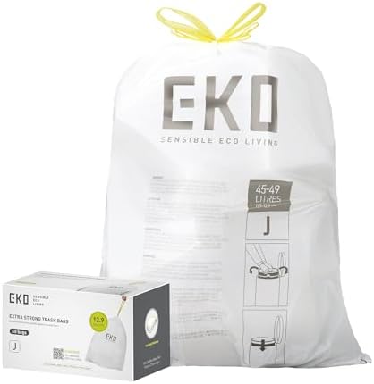 EKO 12.9 Gallon / 45-49 Liter, 60 Count Drawstring Trash Bags, Extra-Strong Unscented Garbage Bags, Easy-Dispense Roll for Kitchen & Household Use, Resists Tears, Leaks and Punctures, Code J, White by Unknown