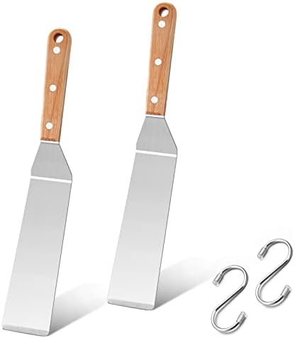 Metal Spatula Set of 2, HaSteeL 12In Long Stainless Steel Griddle Spatula, Heavy Duty Narrow Pancake Flipper Burger Turner for Teppanyaki Flat Top Hibachi Indoor Outdoor, Wooden Handle & Easy to Clean by HaSteeL