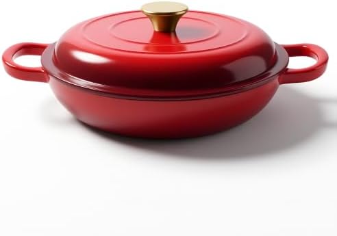 Dutch Oven Enameled Cast Iron with Lid - Big Dual Handles - Oven Safe up to 500°F - Classic Round Pot for Versatile Cooking 3 QT Shallow Pot Red by Alathote