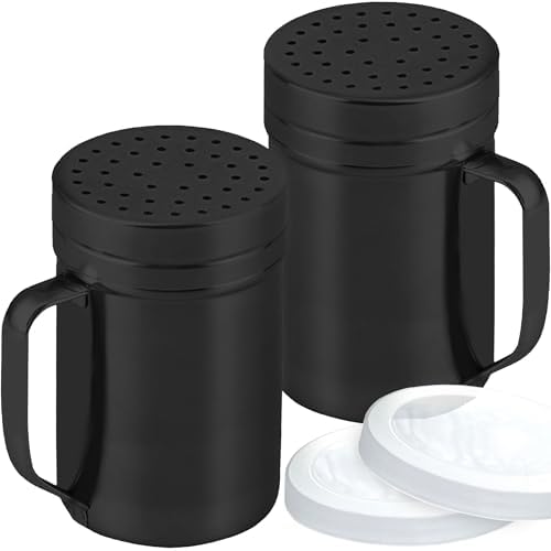 CUSINIUM 14oz Black Stainless Steel Salt Pepper Dredge Shakers - With Plastic Cap - With Handle - Pack of 2 by CUSINIUMKitchenware