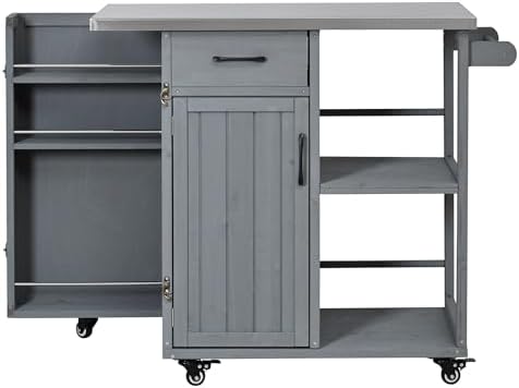 Outdoor Kitchen Island Cart with Stainless Steel Top, Rolling Grill Table with Storage Cabinet Drawer Shelves and Towel Rack, Wooden BBQ Prep Station with Lockable Wheels for Patio Backyard, Grey - Image 6