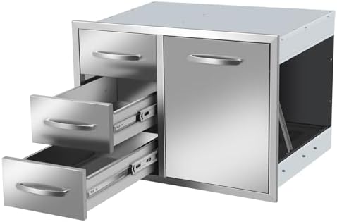 Outdoor Kitchen BBQ Island Drawers Combo 28" W x 20.1" H x 19.7" D with Handles BBQ Access Triple Drawers and Trash Drawer for BBQ Island Patio Grill Station by KODOM