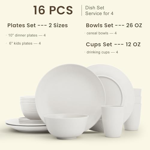 Homienly Wheat Straw Dinnerware Sets - 16 PCS Unbreakable Dinner Plates,Dessert Plates,Cereal Bowls,Drinking Cups,Dishes Sets for 4，Reusable Dishwasher & Microwave Safe for Kitchen - White - Image 2