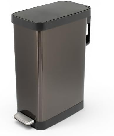 Glad Stainless Steel Slim Trash Can with Clorox Odor Protection - Narrow Kitchen Garbage Bin with Soft Close Lid, Step On Foot Pedal and Waste Bag Roll Holder, Pewter, 12 Gallon/45 Liter by GladTrashFoodStorage