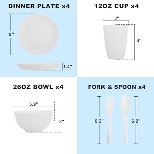 Wheat Straw Dinnerware Sets Service for 4, Unbreakable Kids Plates and Bowls Set 20 PCS, Microwave & Dishwasher Safe Dishes Set for Dinner, Kitchen, Camping, PV, Dorm - White - Image 2