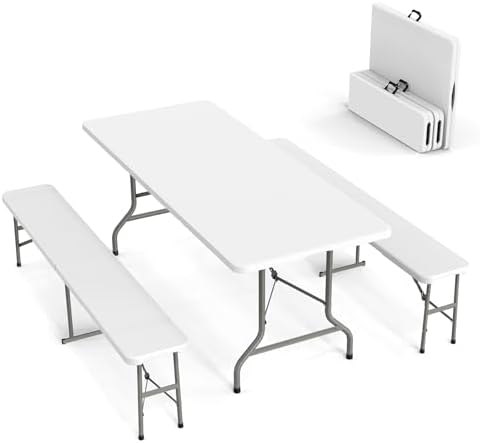 VINGLI Picnic Table Set with 2 Benches, 6 Feet Camping Table Chair Set,3-Piece Folding Furniture for Indoor or Outdoor Use, Smooth Tabletop, White by VINGLI