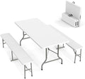 VINGLI Picnic Table Set with 2 Benches, 6 Feet Camping Table Chair Set,3-Piece Folding Furniture for Indoor or Outdoor Use, Smooth Tabletop, White by VINGLI