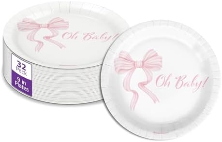 Birthday Galore Pink Bows Oh Baby Baby Shower - 32 Piece Disposable Party Supplies - Girl's Baby Shower Decorations - Round Party Plates - Large 9" Paper Plates In Bulk by BirthdayGalore