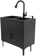 Double Basin Kitchen Sink with Cabinet, 29.53‘’ x 16.14" x 30.71" Double Blow Sink with Pull Down Faucet & Soap Dispenser, Freestanding Commercial Utility Sink for Kitchen Laundry Garage by Unknown