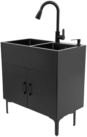 Double Basin Kitchen Sink with Cabinet, 29.53‘’ x 16.14" x 30.71" Double Blow Sink with Pull Down Faucet & Soap Dispenser, Freestanding Commercial Utility Sink for Kitchen Laundry Garage by Unknown