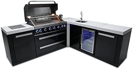 Mont Alpi 132"W x 23"D x 46"H Black Stainless Steel L-shaped Outdoor Kitchen Island with Beverage Center Fridge + Faucet & Sink Combo + 44"W 6-Burner BBQ Grill + Granite Countertops + Storage + Cover - Image 7