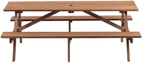 75'' Rectangular Outdoor Dining Table Wooden Patio Dining Table & 2 Built-in Bench for 8, 2" Umbrella Hole, Suitable for Backyard Garden Porch, Brown - Image 5