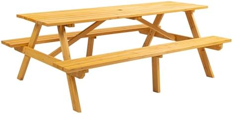 75'' Rectangular Outdoor Dining Table Wooden Patio Dining Table & 2 Built-in Bench for 8, 2" Umbrella Hole, Suitable for Backyard Garden Porch, Natural - Image 6