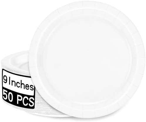 50 Pack White Plates 9 Inches Round Heavy-duty Paper White Dinner Plates by QZYL
