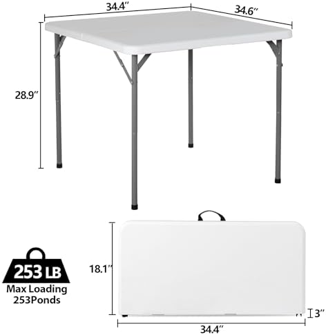 SUPER DEAL 3 Foot Square Folding Card Table, Indoor Outdoor Portable Plastic Heavy Duty Fold-in-Half Puzzles Camping Picnic Party Table with Carrying Handle, White - Image 2