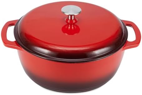 Amazon Basics Enameled Cast Iron Dutch Oven Pot With Lid, 6-Quart, Round, Dual Handles, Heavy-Duty, Oven Safe for Stews, Roasting & Baking, Red by AmazonBasics