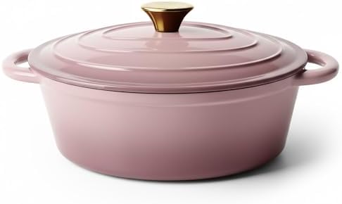 Vintage Style Oval Dutch Oven for Bread Baking, 4.5 Quart Non Stick Enameled Cast Iron Dutch Oven Pot with Lid, Oven Safe Oval Casserole with Lid up to 500°F for Baking, Braising, Stews, Roasting, Pink by Unknown