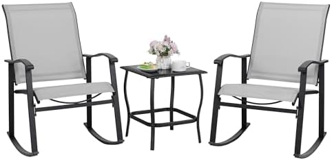 Shintenchi 3 Piece Rocking Bistro Set, Outdoor Furniture with Rocker Chairs and Glass Coffee Table Set of 3, Balcony, Porch Furniture for Small Space, Light Gray by Shintenchi%7CFurnitureMadeforRealLife