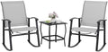 Shintenchi 3 Piece Rocking Bistro Set, Outdoor Furniture with Rocker Chairs and Glass Coffee Table Set of 3, Balcony, Porch Furniture for Small Space, Light Gray by Shintenchi%7CFurnitureMadeforRealLife