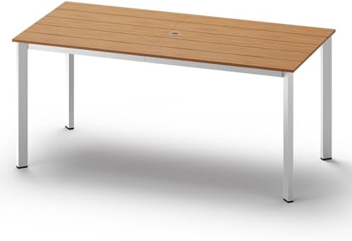 Outdoor Dining Table, Aluminum Patio HDPS Outdooor Table with Umbrella Hole, All Weather Patio Furniture Set, Patio Dining Table (White & Teak) by ComfCove