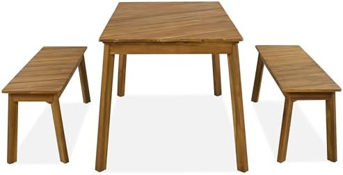3-Pcs Outdoor Patio Dining Table & 2 Bench for 4, Wood Dining Table Set Outdoor & Indoor Furniture for Patio, Porch, Garden, Poolside, 3-Pcs, Wood - Image 5