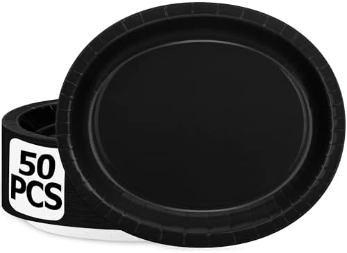 50 Pcs Black Oval Plates Black Paper Plates Disposable Tableware for Party by QZYL