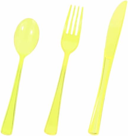 HEIPINIUYE 75 Pack Yellow Clear Plastic Cutlery Heavy Duty Clear Yellow Plastic Knives Forks and Spoons Disposable Silverware Set for 25 Guest Camping Birthday Baby Shower Party Utensil Set by HEIPINIUYE
