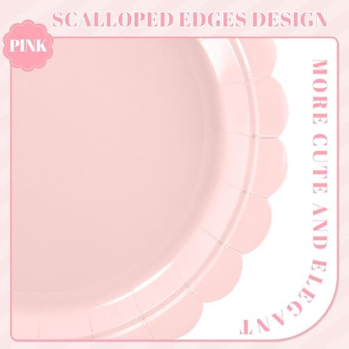 NatNarr 30 Pk Pink Paper Plates 9" Disposable Scalloped Pink Birthday Plate - Image 3