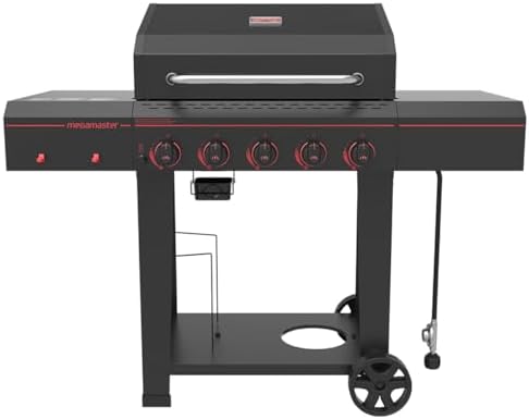 Megamaster Cart 5 Burner Gas Grill, Side Tables with Accessory Hooks, Black by Megamaster