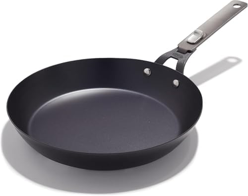 OXO Outdoor Pre-Seasoned Carbon Steel 12" Frying Pan Skillet, Detachable Handle for Easy Storage, Indoor Use, Nonstick with Use, Induction Suitable,Oven & Broiler Safe,Browning, Grill,Sear,Saute,Black by Unknown