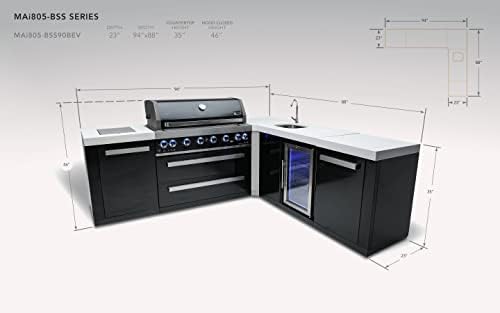 Mont Alpi 132"W x 23"D x 46"H Black Stainless Steel L-shaped Outdoor Kitchen Island with Beverage Center Fridge + Faucet & Sink Combo + 44"W 6-Burner BBQ Grill + Granite Countertops + Storage + Cover - Image 2