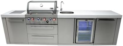 Mont Alpi Premium 120"W x 23"D x 46"H Stainless Steel Modular Outdoor Kitchen Island with Refrigerator Faucet & Sink + 32"W 4-Burner BBQ Gas Grill + Granite Countertops + Storage Cabinets & Drawers by MontAlpi