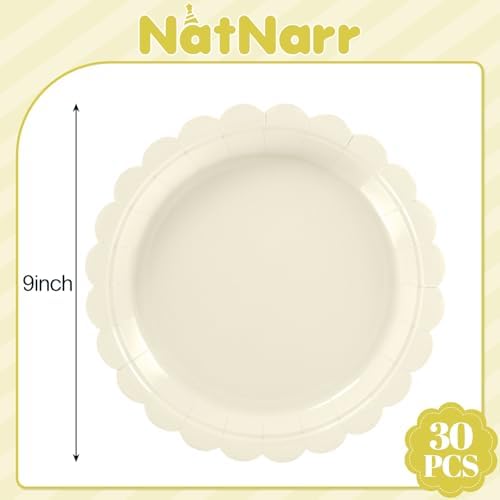 NatNarr 30 Pcs Ivory Paper Plates 9 Inch Disposable Scalloped Cream Plates Cute Beige Wedding Dessert Cake Plate Party Dinner Plate for Engagement, Baby Bridal Shower (Pack of 3) - Image 2